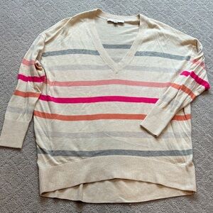 Loft Striped V-Neck Sweater - Cream, Pink, and Gray